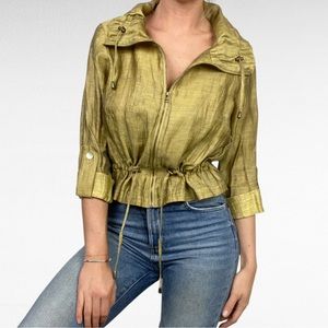 Ruby Rd. | Dirty Gold Green Two-Way Collar Linen Chined Waist Blazer Jacket